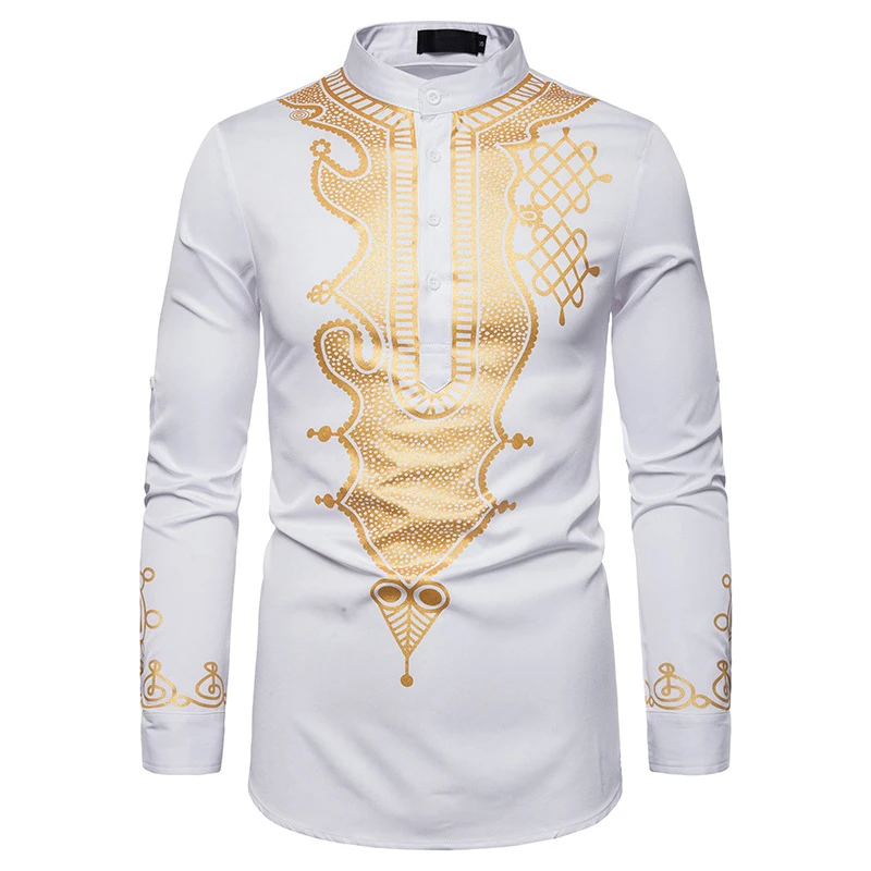 African Shirt for Men Slim Fit Formal Casual Long Sleeve Shirts Gold Bronzing Party Dress Male Blouse