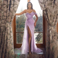 lilac sequin mermaid prom dresses spaghetti straps high slit sweep train custom size evening dresses party gowns