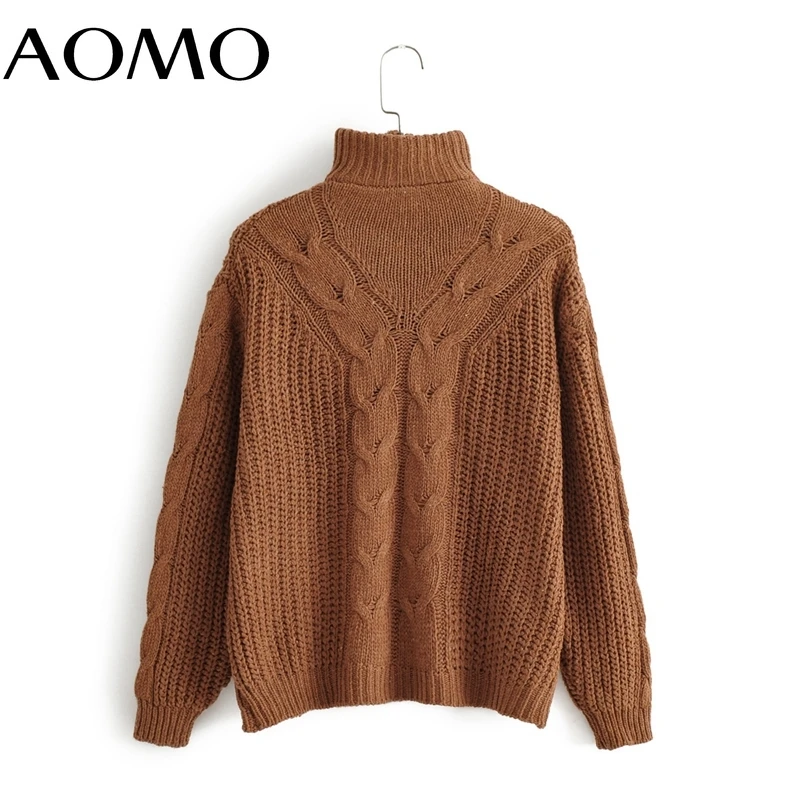 

AOMO Women Twist Turtleneck Knitted Sweater Jumper Female Zipper Oversize Pullovers Chic Tops 3A196A