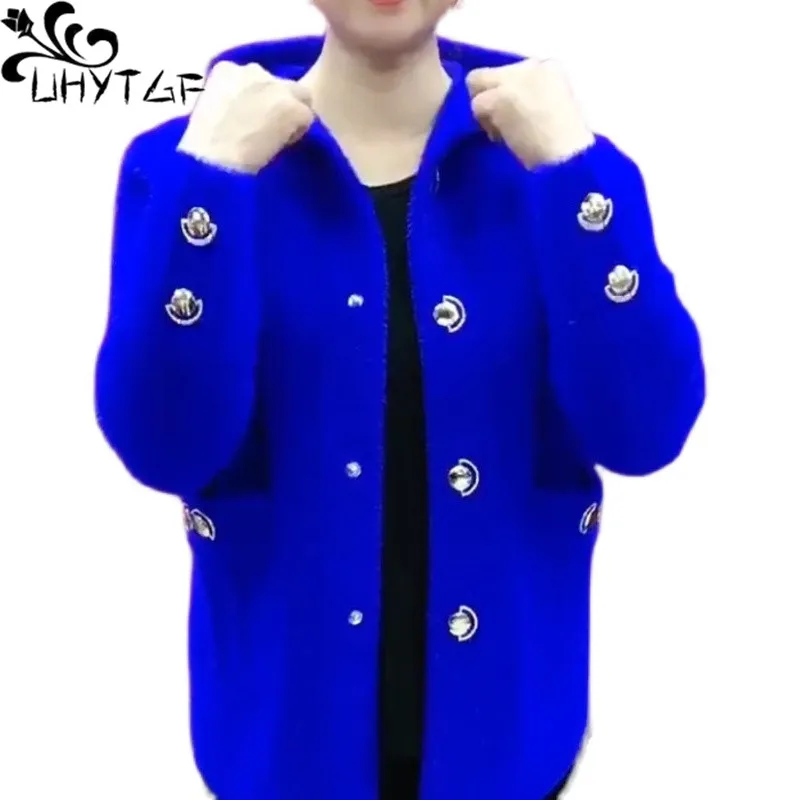 

UHYTGF Imitation Mink Fleece Autumn Winter Jacket Women's Single-Breasted 3XL Loose Size Coat Mother Casual Short Outerwear 1831