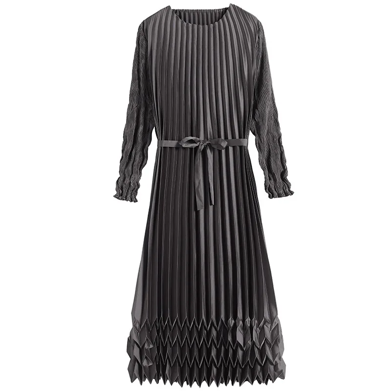 

round neck long sleeve dress in the spring and autumn wish dust manually plait ankle with pleated of the dress