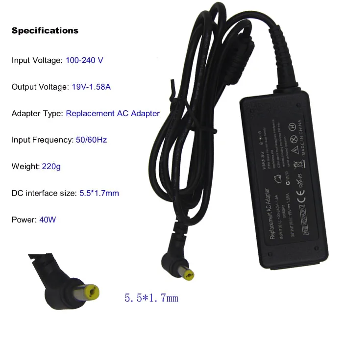 Замена для Dell 19V 1.58A 5 5*1 7 MM 40W Inspiron1090 (DUO) 1210 910 Inspiron Mini 10 1010 1011 1012 1012n 1018 | Компьютеры и