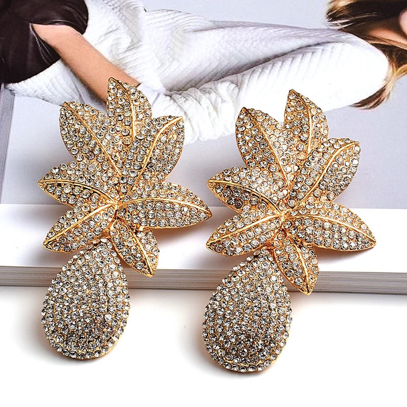 

Long Gold Metal Flower New Drop Earrings Fully Studded with Crystals Accessories for Women High-Quality Rhinestone Jewelry