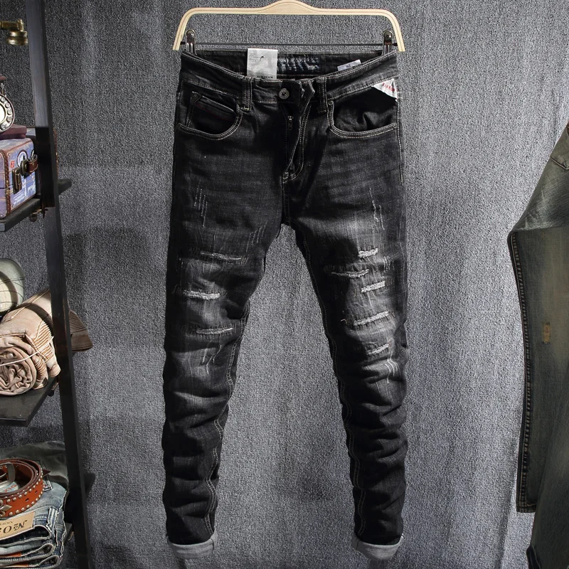 

Мужские рваные джинсы, черные уличные джинсы в стиле хип-хоп, в итальянском стиле