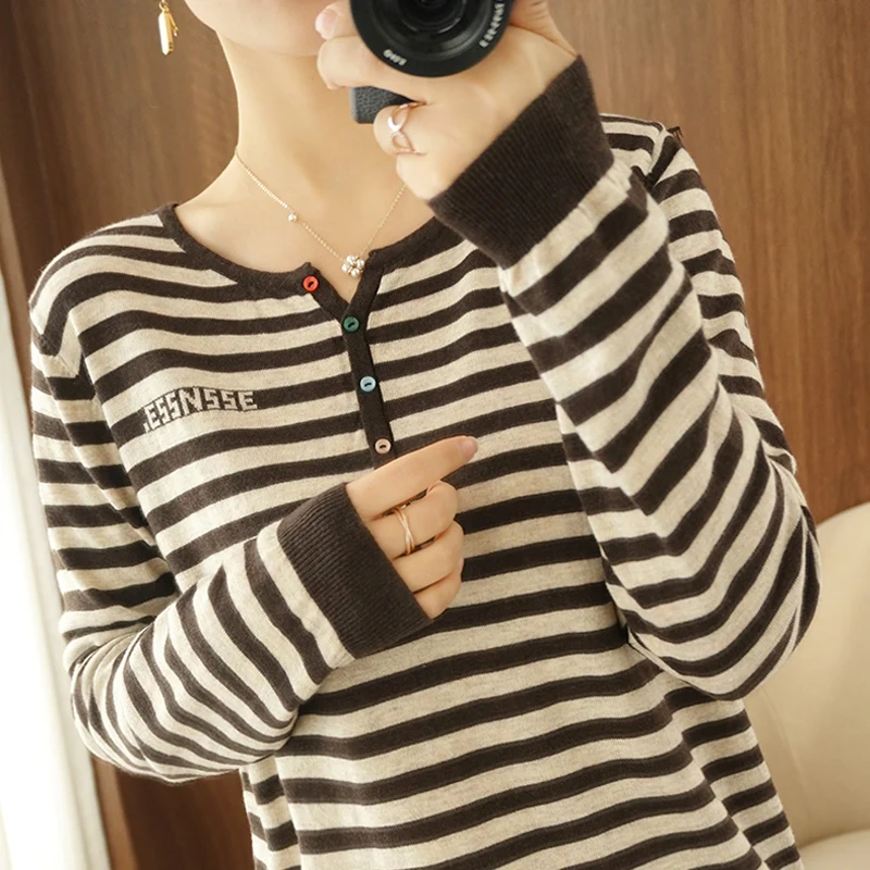 

100% pure sweater women's autumn and winter 2020 new bottoming foreign striped cashmere lazy loose sweater women's pullover