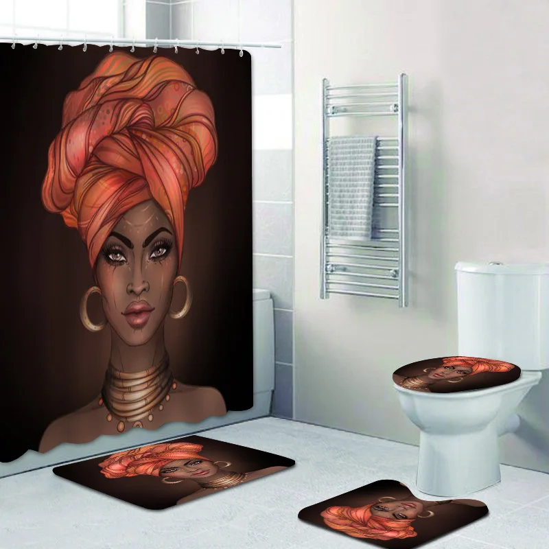 

Hot African American Shower Curtain Pretty Black Woman with Headwrap Turban Bathroom Curtains Set Glossy Lip Girl Bath Mat Rug