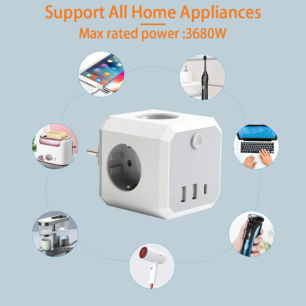 16A EU Plug Power Strip with Switch On/Off 1 TO 4 AC Outlets 3 USB Charging Ports Portable Multi Socket Adapter |