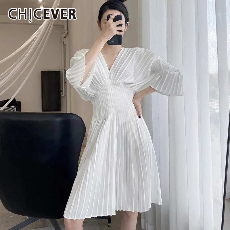 

Женское плиссированное платье CHICEVER, винтажное платье средней длины с v-образным вырезом, расклешенным длинным рукавом и высокой талией, осе...