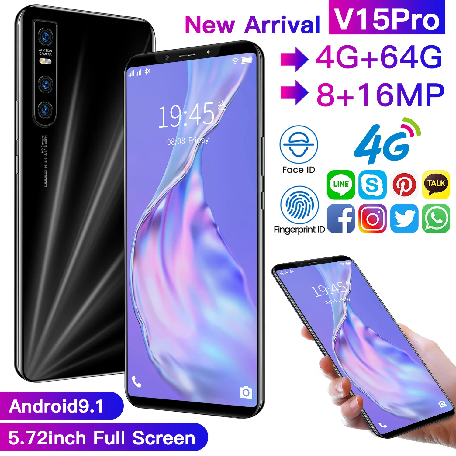 

New Arrival V15Pro 5.72Inch Smartphone4500mAh 4+64GB 8+16MP HD Big Screen Android 9.1 Hold Face Fingerprint Unlock 4G Cellphone