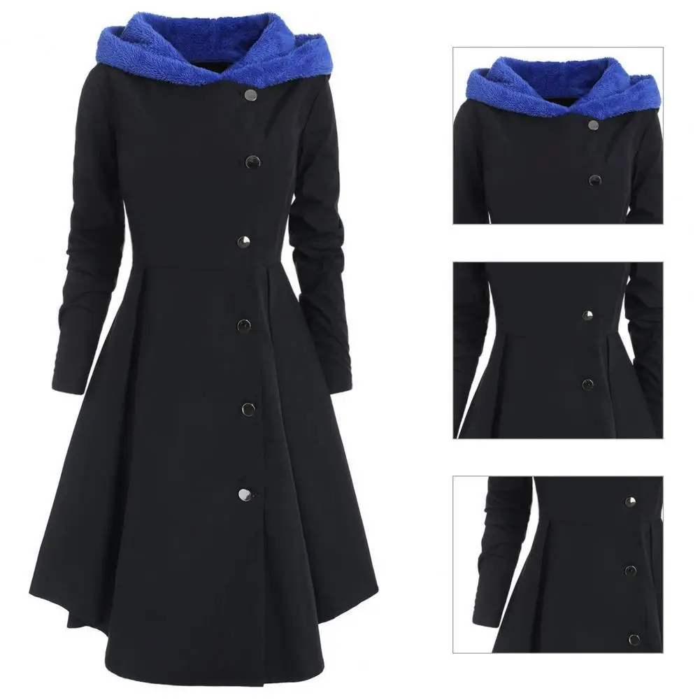 

Autumn Winter Stylish Asymmetric Hooded Women Coat Super Soft Elegant Coat Dress Large Hem for Work
