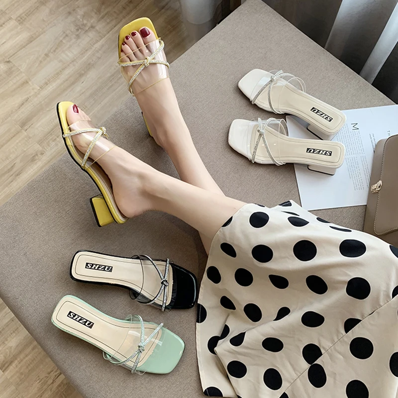 

Glitter Slides Shoes Slippers Casual Low Transparent Heel Square heel Slipers Women Med Jelly Luxury Block 2021 Soft Rome PU Cry