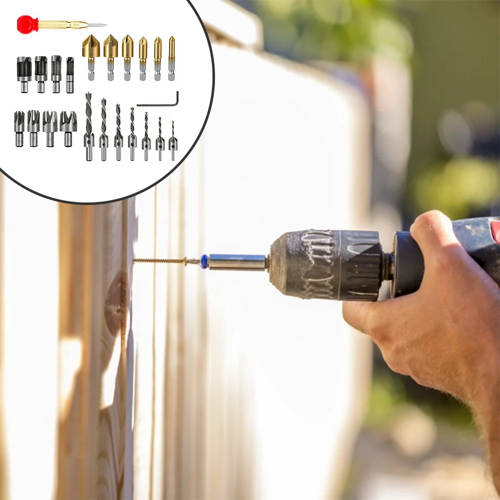 

23pcs/set Woodworking Chamfer Drilling Tools Drill Bits Set Wood Plug Cutter Three Pointed Countersink Drill Bits with L-wrench