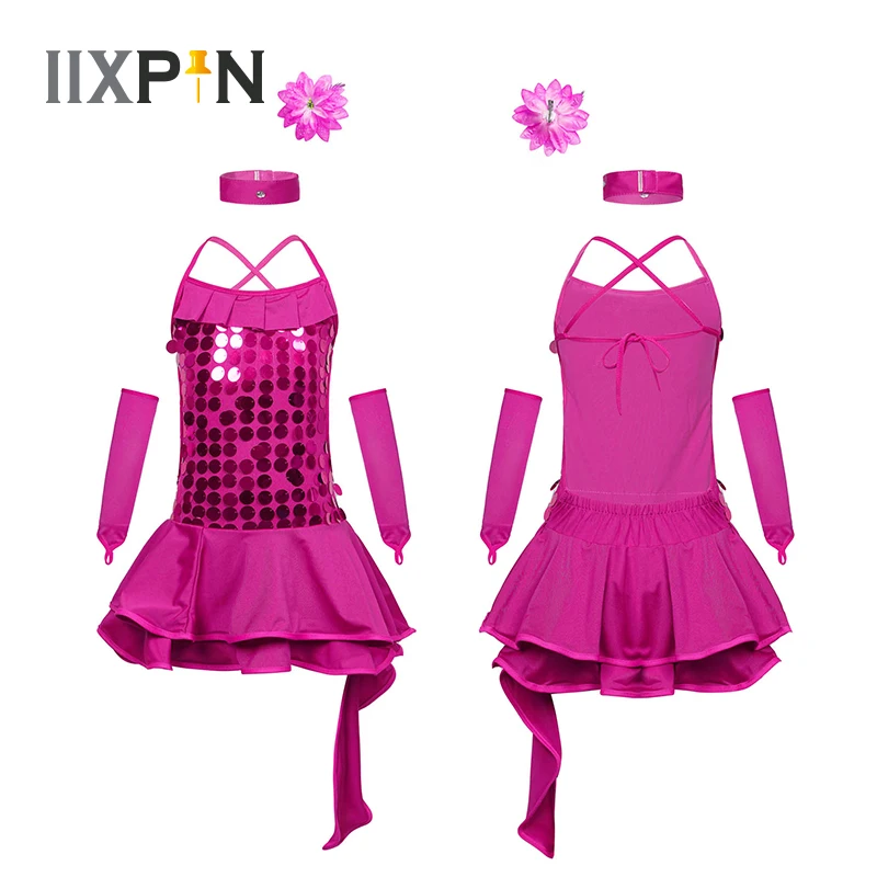 

Kids Girls Latin Dance Costume Tango Rumba Ballroom Dancewear Backless Sequins Dance Leotard Dress Headwear Sleeves And Necklace