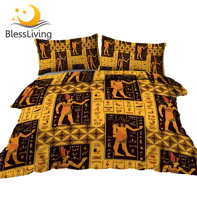 BlessLiving Ancient Bedding Sets Egyptian Gods Comforter Cover Hieroglyphs 3 Piece Duvet Cover Set King Size Retro Bedspreads 1