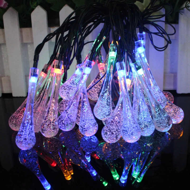 

LED Light String Water Drop Shape 30 Bulb Holiday Outdoor Lamp Garland Waterproof Solar Charging Wedding Party Decoration D43