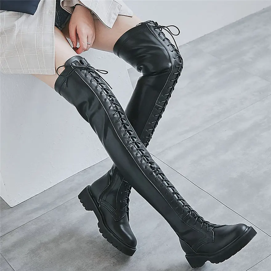 Thigh High Winter Oxfords Shoes Women Lace Up Strappy Over The Knee High Motorcycle Boots Female Long Shaft Fashion Sneakers