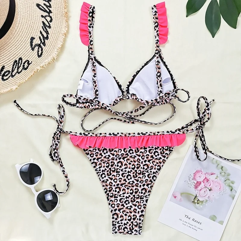 

2021 New Summer Beach Bikini Leopard Print Contrast Color Ruffled Lace Sexy Ladies Bikini European and American Sexy Bikini Set