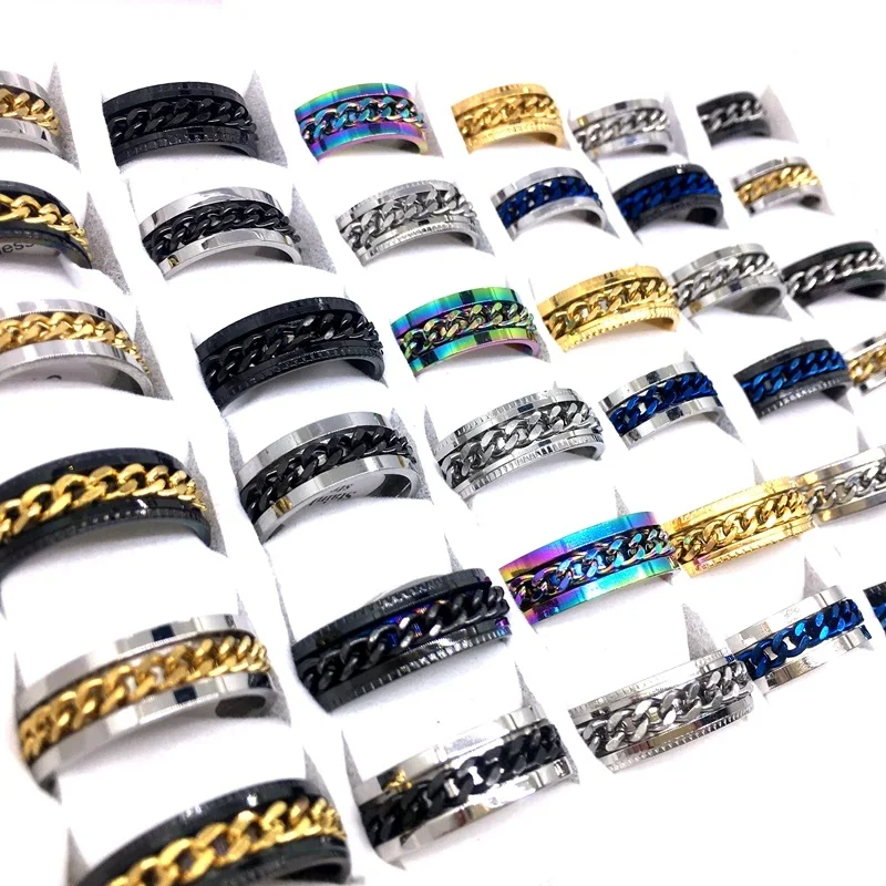 

MixMax 36 Pieces Top Men's Rings 316L Titanium Steel Chain Spinner Fashion Jewelry Party Favor Variety of Colors Wholesale Lot