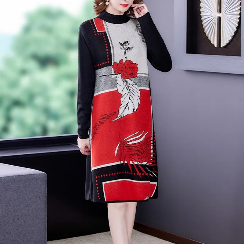 

Осень-зима 2021, винтажное вязаное шерстяное платье-свитер с высоким воротником, повседневное женское Элегантное повседневное платье-свитер