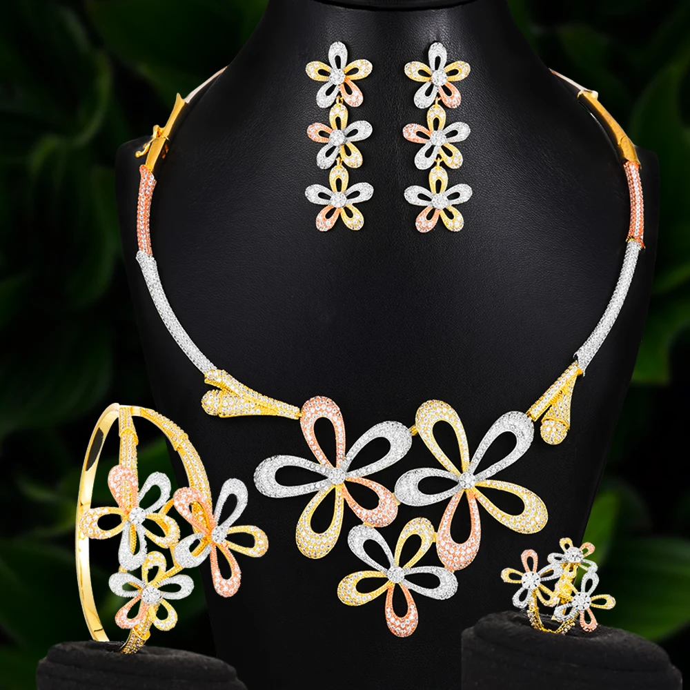 

Модное трехцветное ожерелье missvikki с цветами, кольцо, роскошные нигерийские Ювелирные наборы Дубай для свадьбы, свадебные украшения