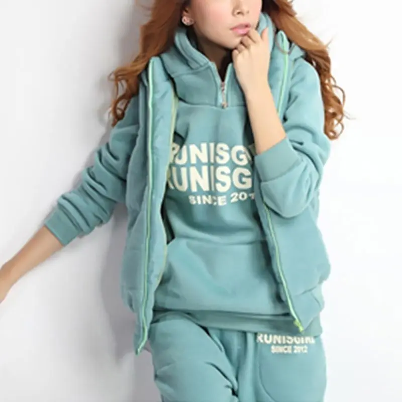 

3 Piece Set Women Tracksuit Hooded Tops Letter Sweatshirt Casual Long Pants Female Thicken Sweat Suits Fitness Sets Women Set
