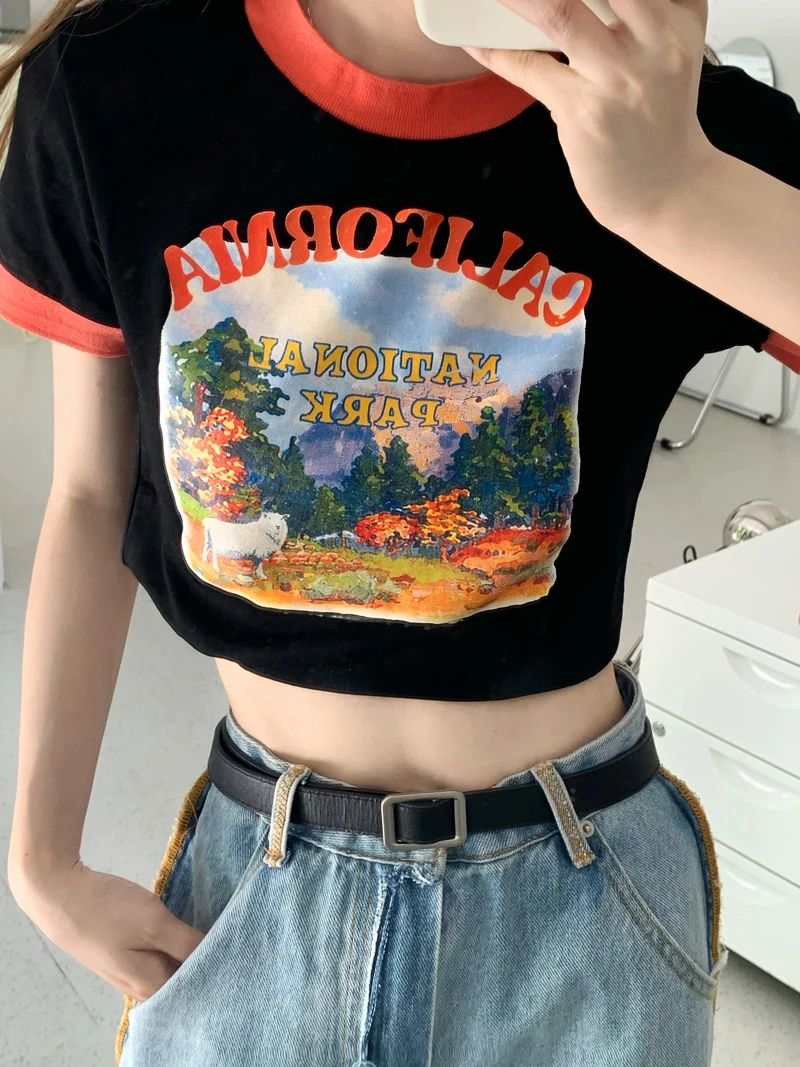 

T-shirt women's tight-fitting waist all-match blouse English pattern Korean version was thin and color short sleeve