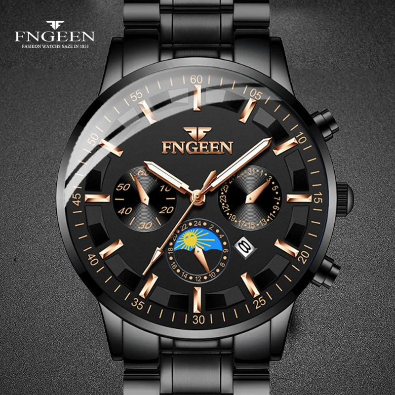 

Man's Watches Luxury Quarzt Watches Stainless Steel Leather Sliver Watches Men Moon Phase Clock Auto Date Relogio Masculin