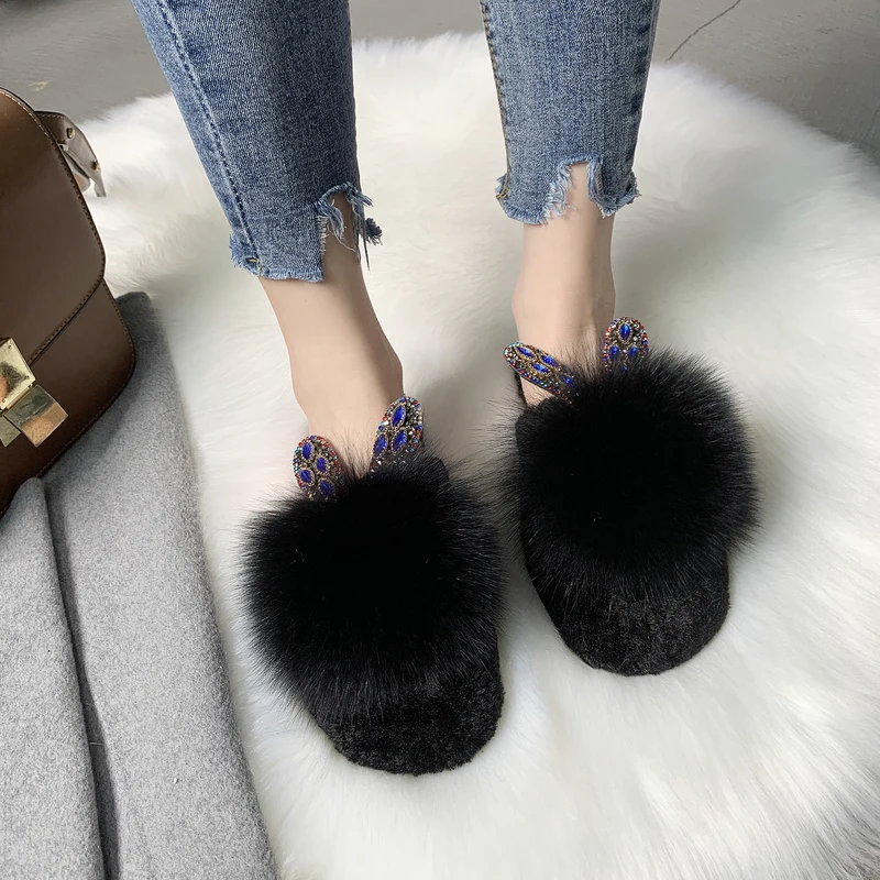 

2020 Design Double Heart Rhinestone Ear Natural Rabbit Fur Headgear Slippers Flat Shoes Half Drag Women's Shoes Zapato Mujer