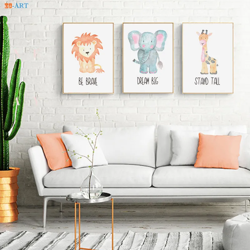 Мультфильм плакат для малышей с принтом животными лев картина слона на холсте