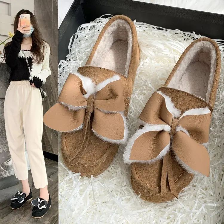 

Korean Shoes Women's Moccasins Female Footwear Fringe Loafers Fur Casual Sneaker Round Toe Bow-Knot 2021 Dress Tassel New Slip-o