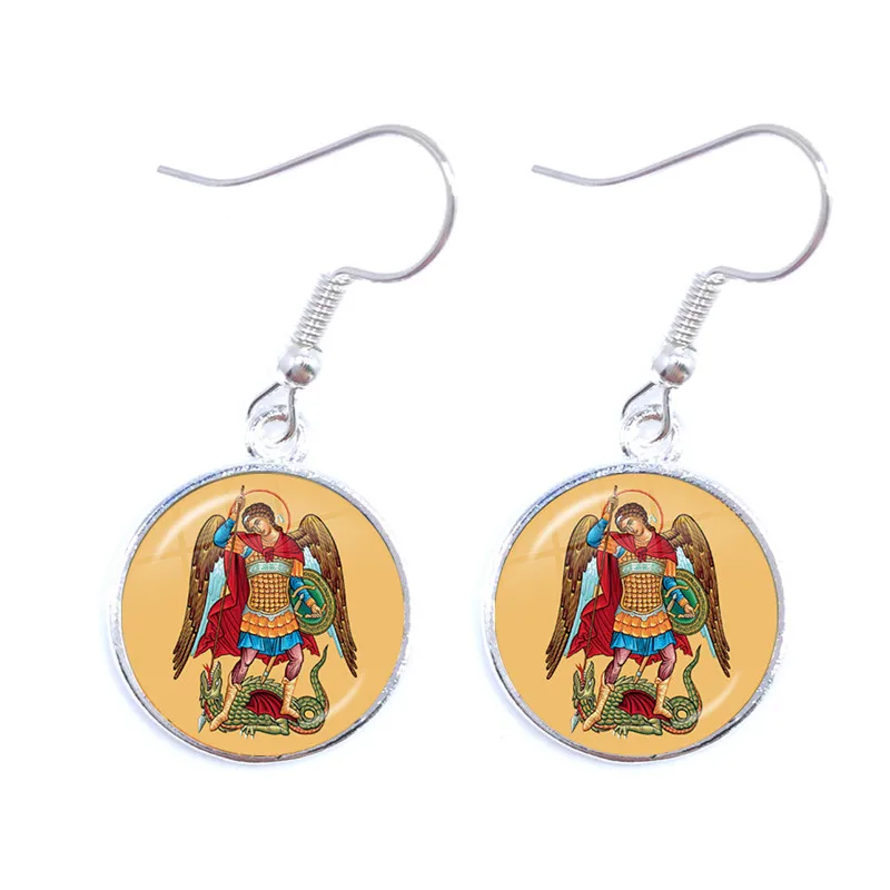 Glass Cabochon Earrings Archangel St.Michael Protect Me Saint Shield Protection Charm Russian Orhodox Drop Jewelry For Women | Украшения и
