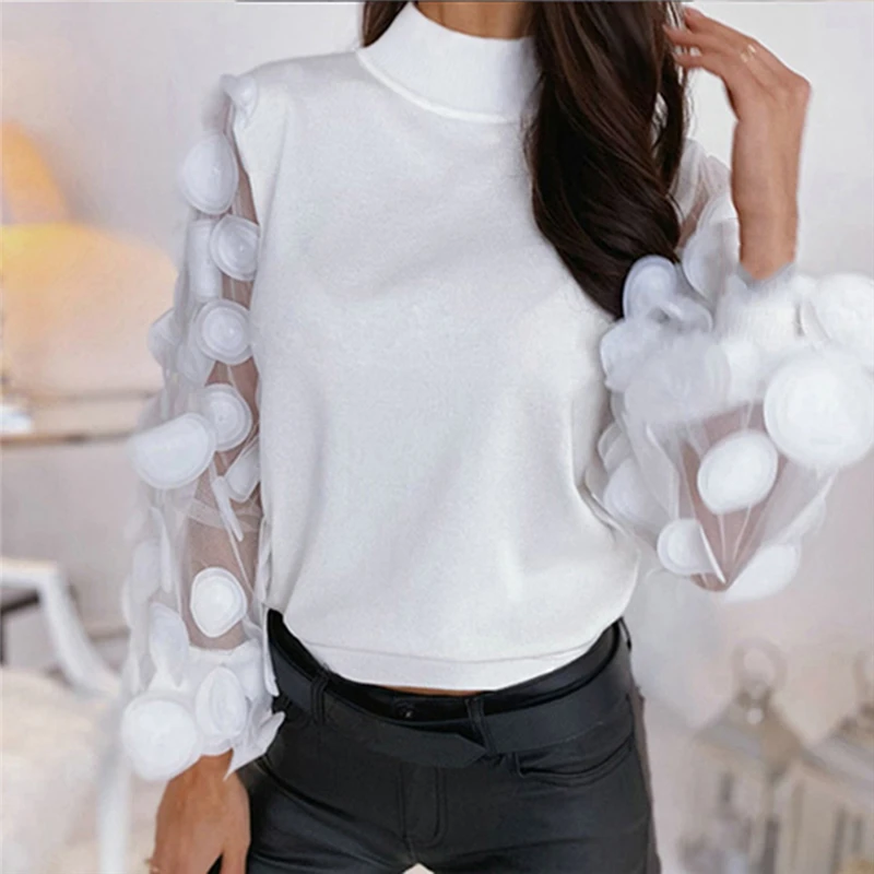 

Sexy Women Lace See-through Polka Dot Puff Long Sleeve Elastic Top Female Shirts Evening Party Clubwear Shirt