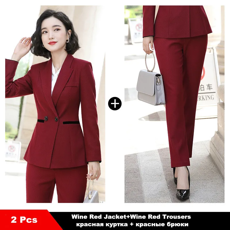 wine red pant suit Женский брючный костюм осень-зима модный костюм с длинными рукавами Темперамент Формальные женские рабочие брюки 9332 - Цвет: wine red pant suit