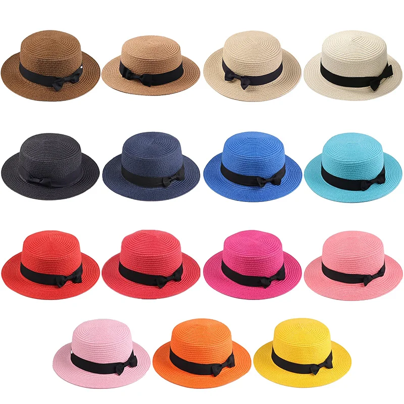 

2021 New Women's Summer Hat for Women Sun Hats Girls Straw Ribbon Bow Beach Bone Flat Top Panama Hat Parent-child Caps MZ006
