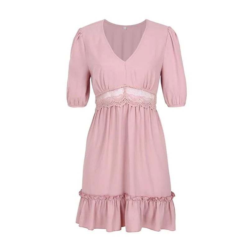 

Summer Solid Color Dress Women Fashion Lace Stitching Ruffle Sexy Plus Size V Neck Half Sleeve Beach Casual Midi Dress Vestidos