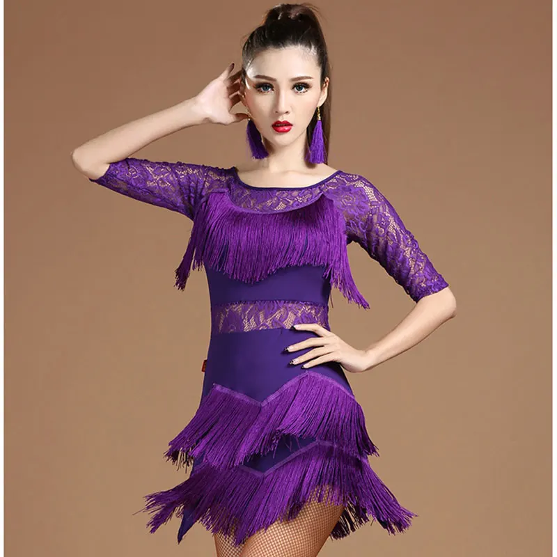 Новое кружевное платье с кисточками короткими рукавами для латинских танцев