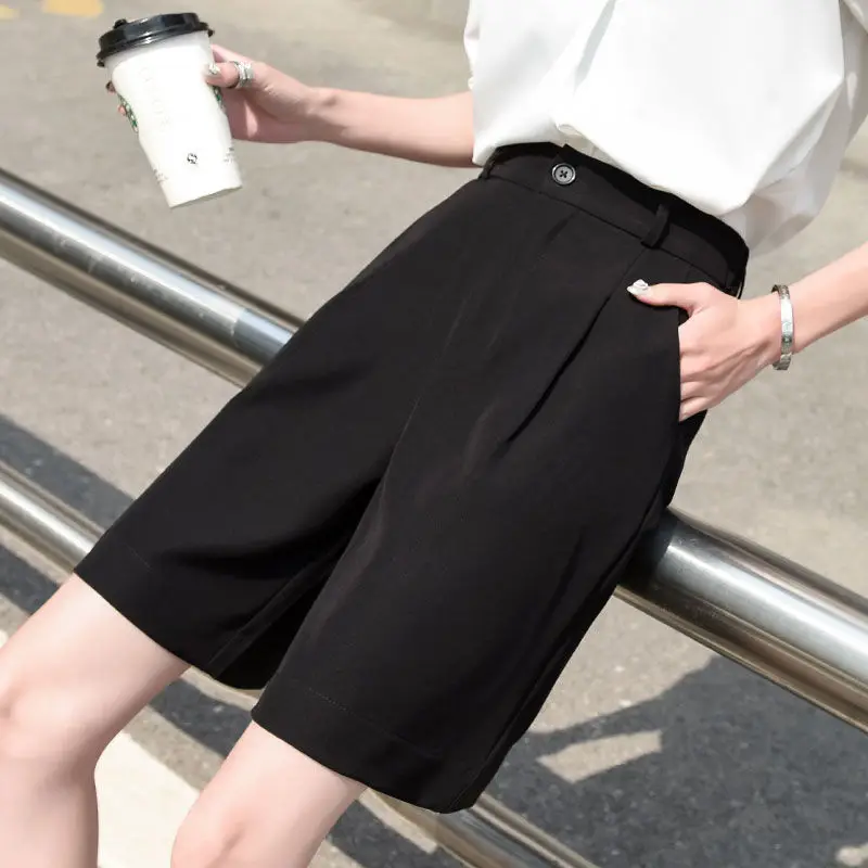 

Women Summer Shorts 2022 High Waist Loose Female Loose Black Classic Knee-Length Office Wide Women's Shorts Femme Y443