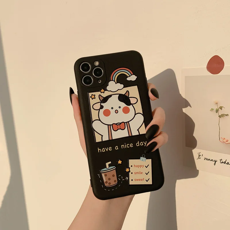 Японский милый чехол для телефона с изображением чая и коровы iPhone 12 11 Pro Max X XR XS 7 8