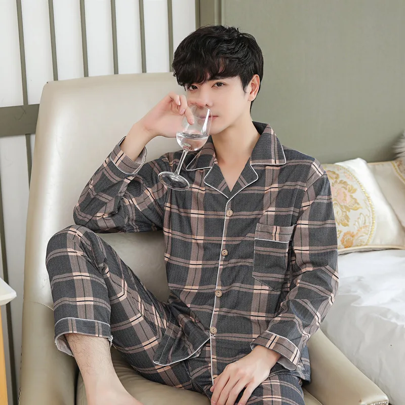 2pcs Sets Pure Cotton Men Pajamas Casual Plaid Long Sleeve Lapel Collar Sleepwear Spring Autumn Homewear Nightwear Home Clothing