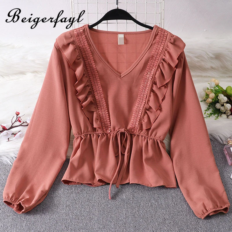 Beigerfayl 2019 новые женские блузки Mujer De Moda осень плотный шифон цвет Lotus вставки