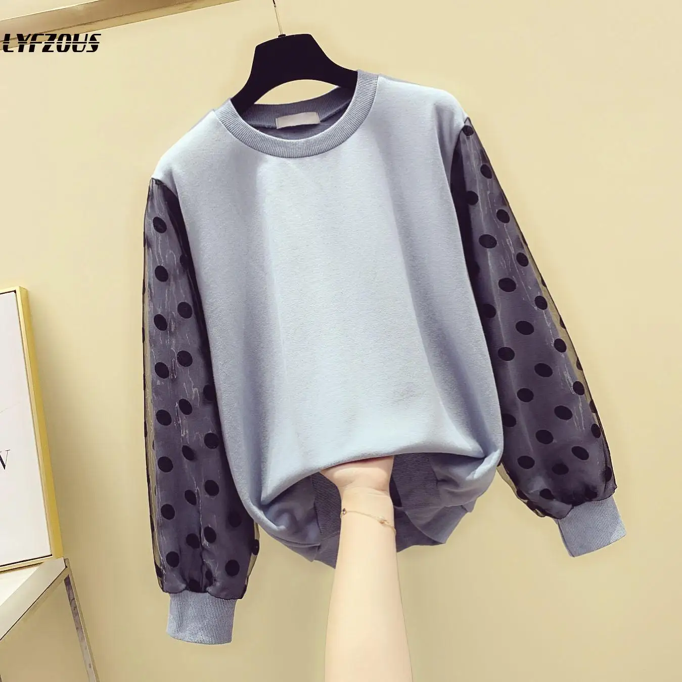 

Fashion Polka Dot Mesh Splice Sleeve Sweatshirt Women Autumn Winter Pullovers Korea Style Round Collar Full Sleeve Sweatshirts