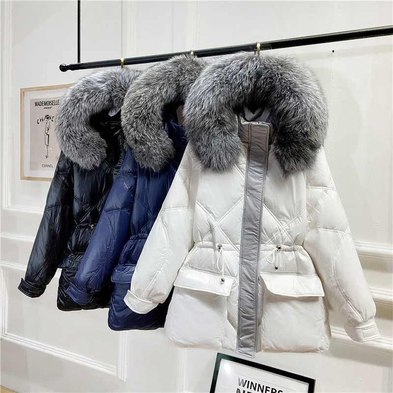 

Natural Real Fox Fur Collar Winter Down Coat Women 90% White Duck Down Jacket Thick Warm Hooded Parkas Female Outerwear Y469