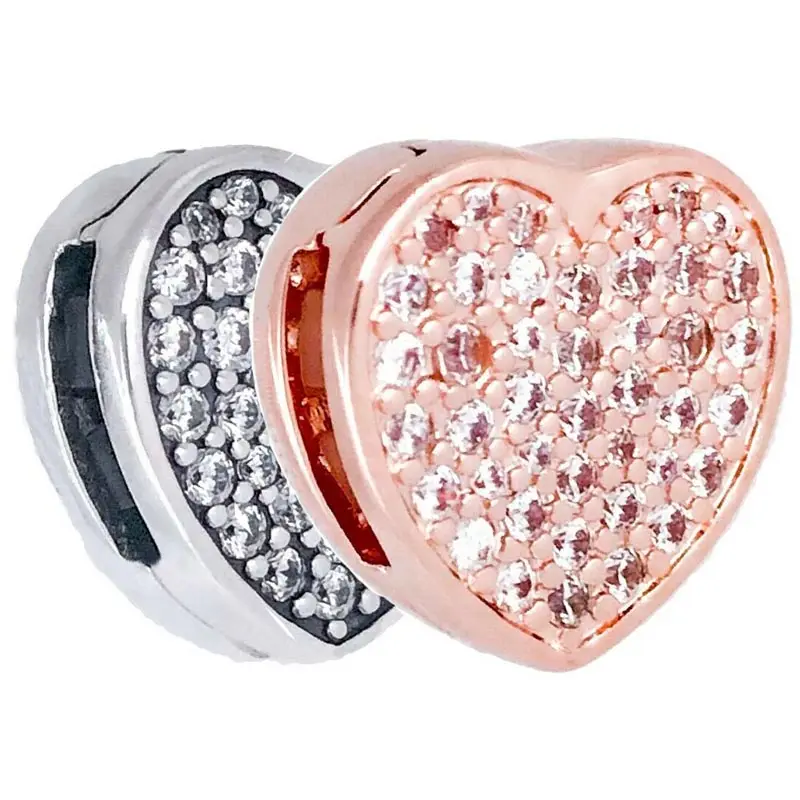 

Original Rose & Silver Reflexions Pave Heart With Crystal Clip Beads Fit 925 Sterling Silver Charm pan Bracelet Diy Jewelry