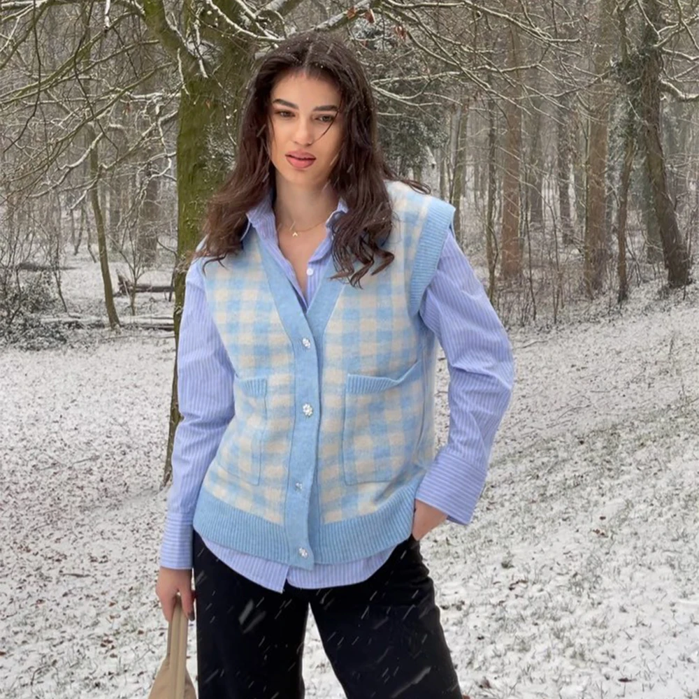 

New Pop Women Checked Knit Cardigan Vest Sleeveless rhinestone buttons Casual Vogue Woman Knitted Sweater vest