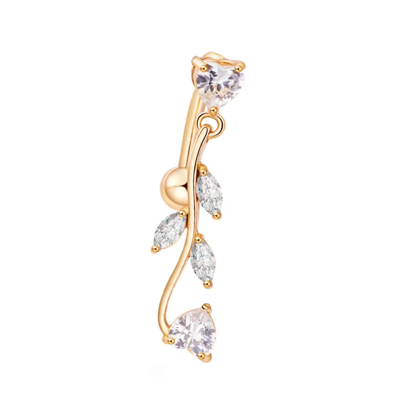 

2021 Hot Sale Clear CZ Leaf Dangle Navel Belly Button Bar Ring Gold/Silver Plated Body Piercing Jewelry