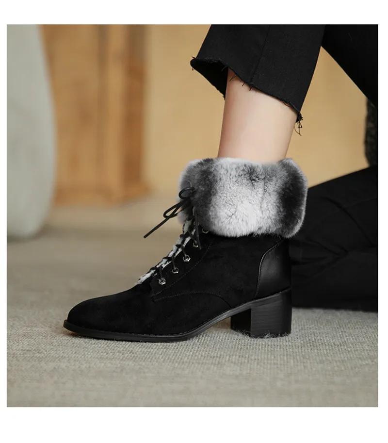 Jual Sepatu Bot Wanita Musim Dingin Dengan Ujung Bundar Nubuck Sepatu Bot Tumit Chunky Berenda Kulit Sepatu Bot Bulu Kelinci Hangat Dan Modis Item No.8216
