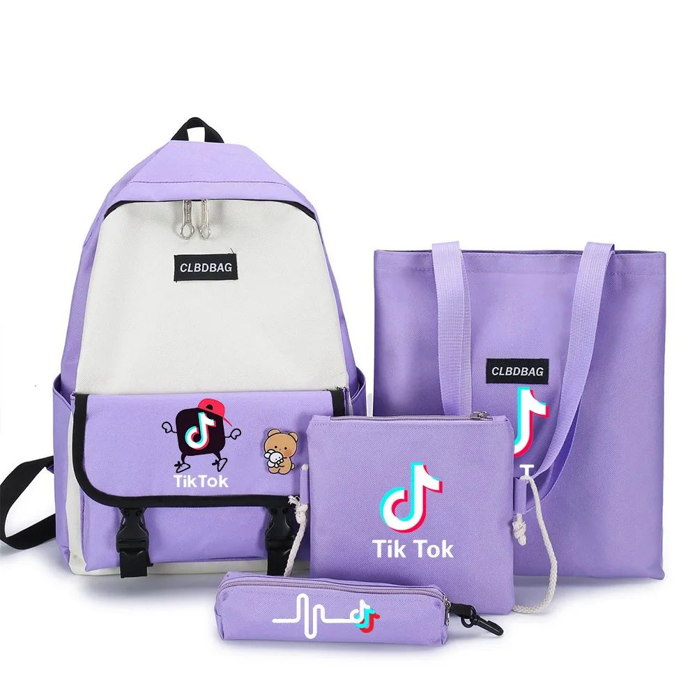 

4pcs/set Tik Tok Canvas Backpack School-Bags For Teenager Boys Girls Bagpack Women Men Video APP Logo Backpacks Kids Gifts