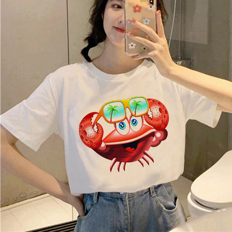 

2021 Crab Print White T Shirt Women Summer Crab Short Sleeve Summer Oversized T-shirts Top T Shirt Ladies Funny Graphic Tee