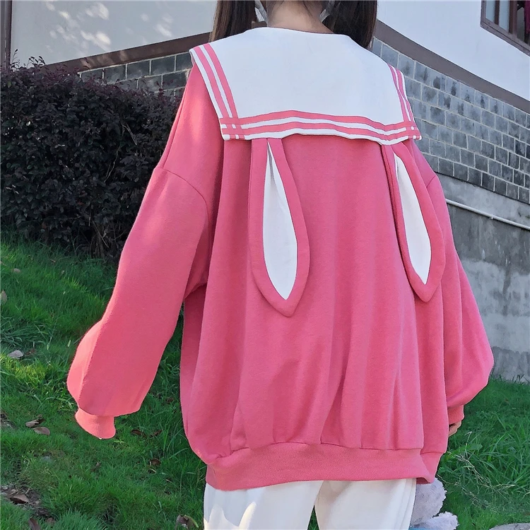 

Japanese Autumn Soft Girl Sweatshirt Sweety Sailor Collar Splicing Bow Pullover Cute Rabbit Ears Pocket Full Sleeve Sweatshirts