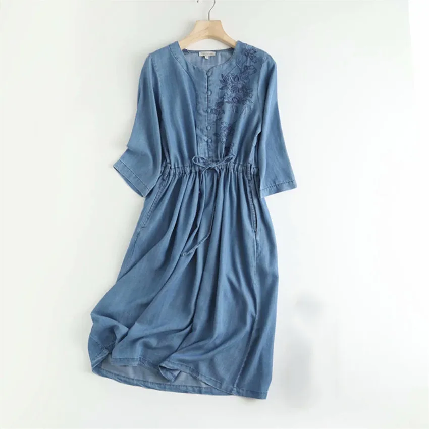 Women Summer Denim Dress Casual Denim Shirt Dress Bohemian Retro Jeans Dresses Floral Embroidery Vestidos Mujer